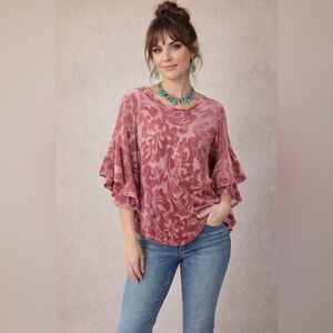 Vocal Dusty Rose Mauve Pink Burnout Blouse Ruffles Sleeve Blouse Size M‎